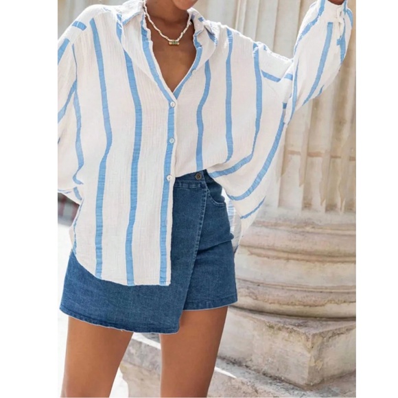 Blue on White Striped Oversized Button Down Shirt Long Sleeve - Picture 2 of 6